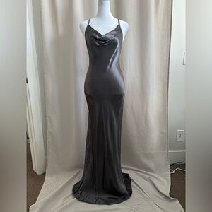 Charcoal Satin Bias-Cut Cowl Neck Dress | Size 4